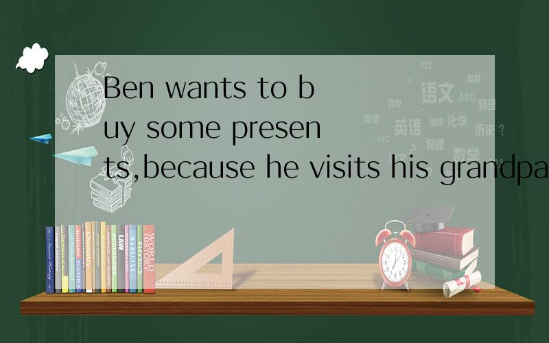 Ben wants to buy some presents,because he visits his grandparents tomorrowI am going to drawing a picture for my motherCan you put they on for me(全是改错,改动的词也要!）